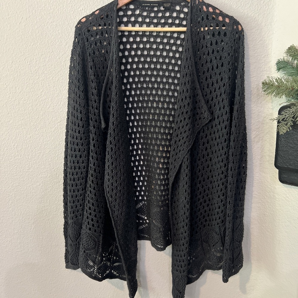Jeanne Pierre Crochet CHARCOAL Cardigan Long Sleeve 100% Cotton Hi-Lo  MEDIUM